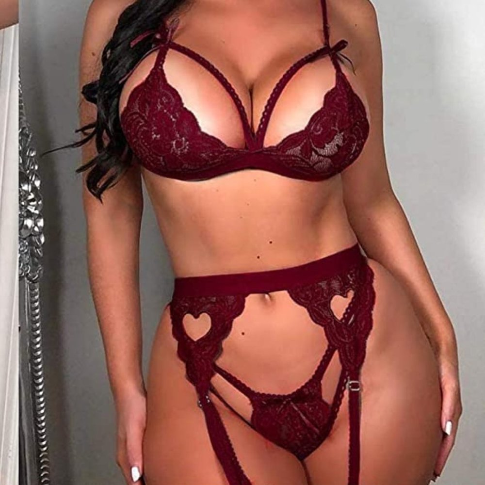 Women Lingerie Sets with Garter Belt 3 Piece Lace Teddy Babydoll Bodysuit